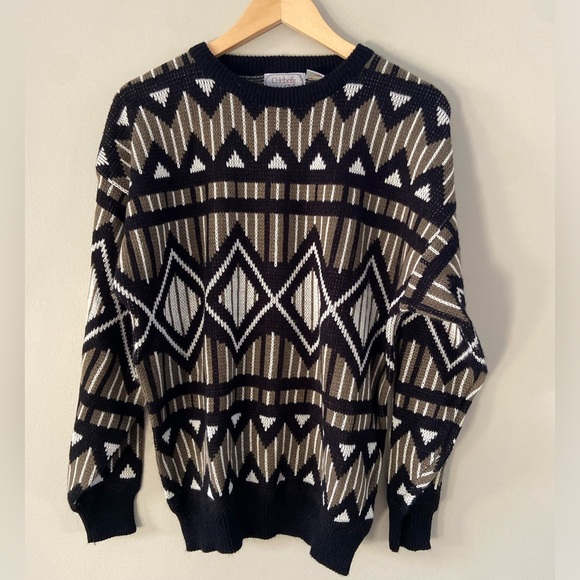 Vintage Art Deco Argyle Grandpa Chic Moody Dark Neutral Crewneck Knit Sweatet - Picture 1 of 4